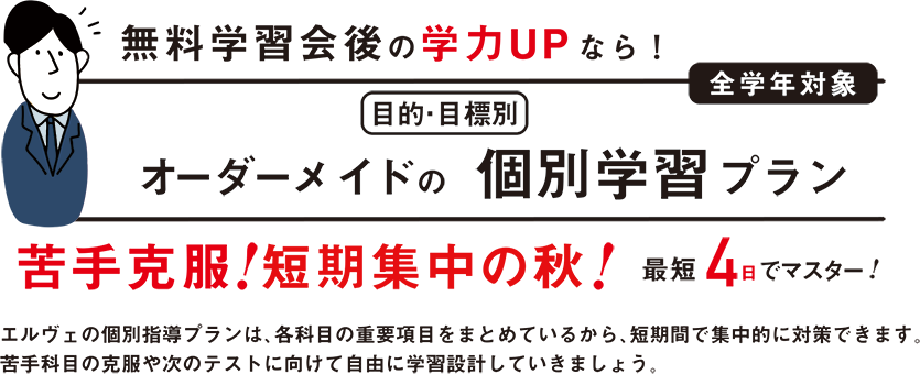 無料学習会後の学力UPなら！ 目的・目標別 オーダーメイドの個別学習プラン 苦手克服！短期集中の秋！最短4日でマスター